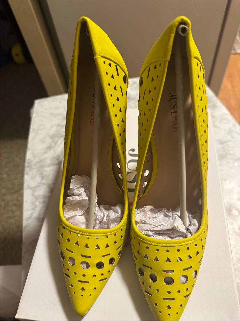 JustFab Bright Yellow Pointed Toe Laser-Cut Pumps
